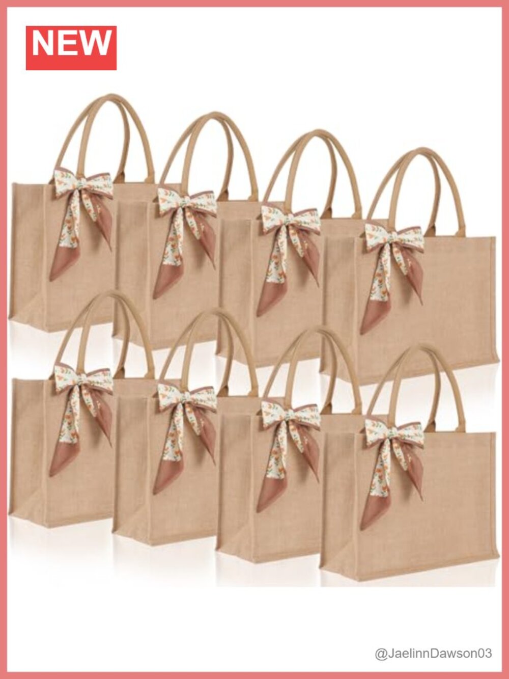 Jute Burlap Tote Bag Set 8 Pc Reusable Waterproof Grocery Bags with Ribbon